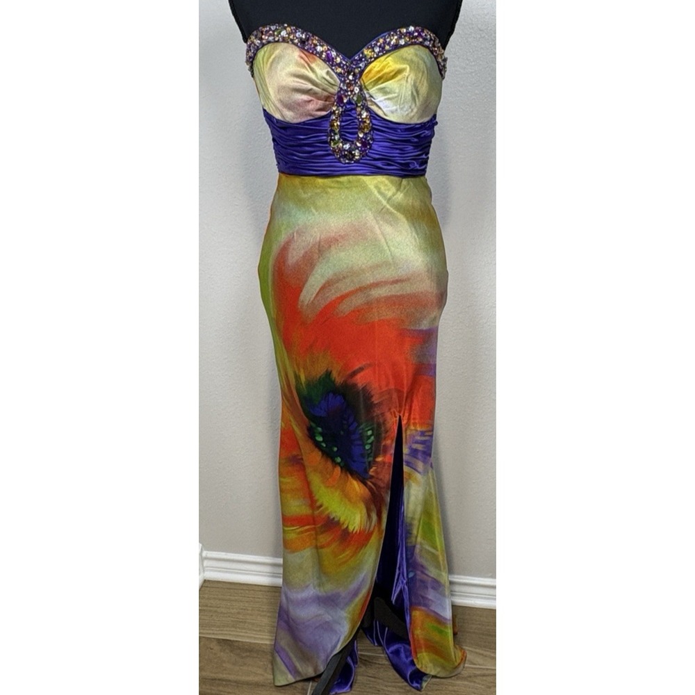 Nina Carraci Strapless Beaded Y2K Prom Gown Floral Psychedelic Mermaid Dress 0‎